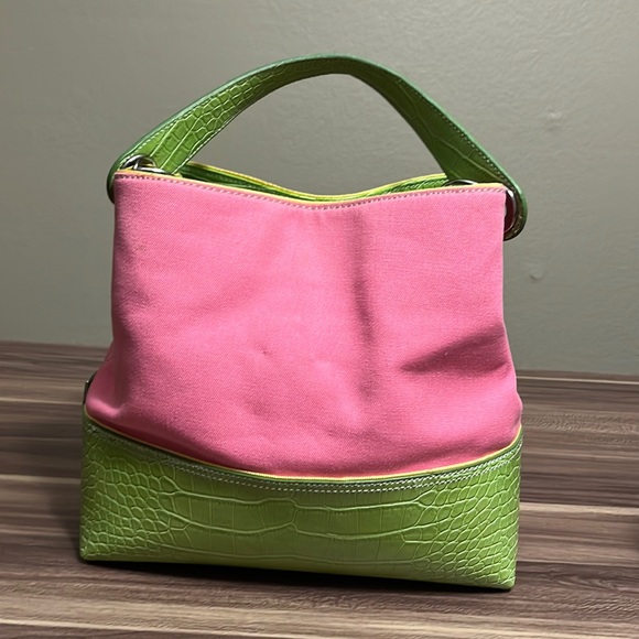 Tommy Hilfiger Swinger Satchel pink and yellow green purse PERFECT FOR SPRING! - Picture 3 of 16